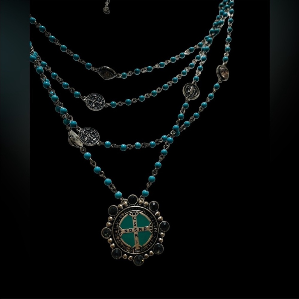 Virgins Saints & Angels Turquoise Multi-Layer Saint Medal Necklace